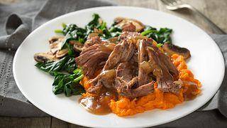 Beef Pot Roast with Cider Gravy and Maple Sweet Potatoes