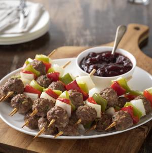 holiday mini beef meatball skewers with cranberry barbecue sauce recipe image