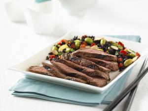 asian-spiced Steak with forbidden rice and vegetable salad recipe image