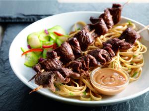 hoisin marinated beef skeweres with peanut dipping sauce recipe image