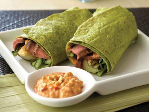 grilled szechuan steak & bok choy wraps with spicy peanut mayonnaise recipe image