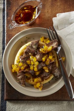 beef breakfast waffles with mango syrup recipe image
