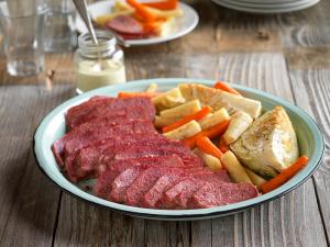 corned beef brisket with roasted vegetables and lemon-mustard sauce recipe image