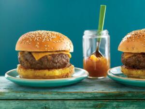 caribbean cheeseburgers with grilled pineapple recipe image