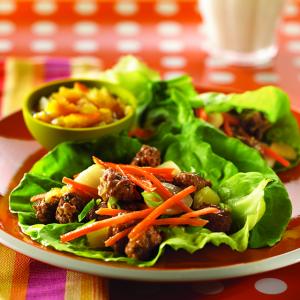 crispy beef lettuce wraps with wowee sauce recipe image