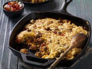 mexican-style beef sausage cornbread skillet recipe image