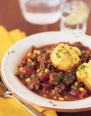 skillet chili beef with corn biscuits recipe image