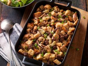 country beef breakfast sausage and wild mushroom and artichoke bread pudding recipe image