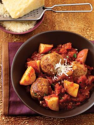 saucy skillet meatballs and potatoes recipe image