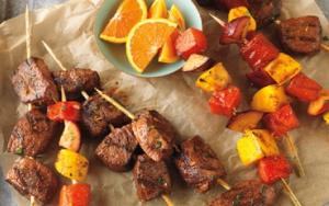 citrus-marinated beef and fruit kabobs recipe image
