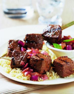 grilled beef kabobs with caramelized red onion relish recipe image