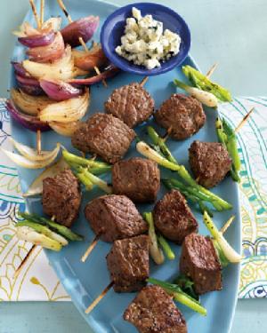 onion lovers grilled steak kabobs with crumbled blue cheese recipe image