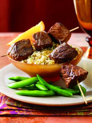 moroccan-style beef kabobs with spiced bulgur recipe image