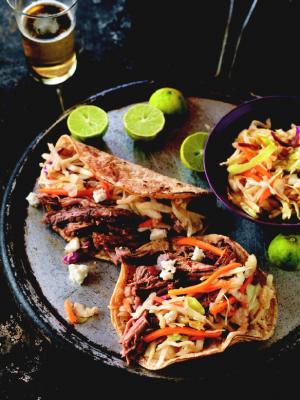 beer-braised spicy beef tacos recipe image