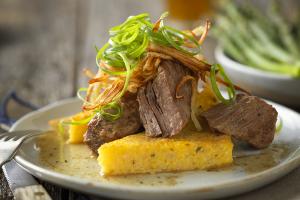 slow-cooked red wine braised beef short ribs with herbed polenta toast recipe image