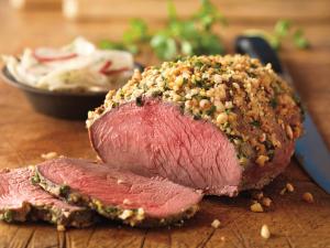 nut-crusted top sirloin roasted with fennel-radish salad recipe image