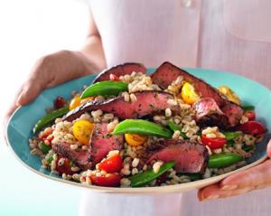 steak, sugar snap pea and barley salad recipe image