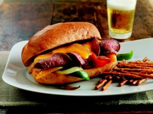 beef and vegetable cheese steak sandwich recipe image