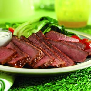 grilled eye round steaks with wasabi-yougrt cream recipe image