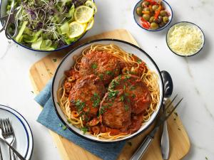 mediterranean steak & pasta with tomato-olive sauce recipe image