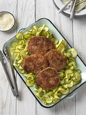 parmesan-crusted cubed steaks with zucchini ribbons recipe image