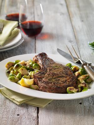 ribeye and sauteed brussels sprout skillet dinner for two recipe image