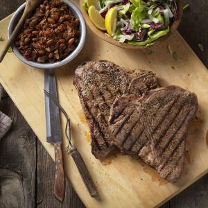 rocky mountain grilled T-bone steaks with charro-style beans recipe image