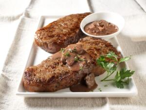 strip steaks with red wine sauce recipe image